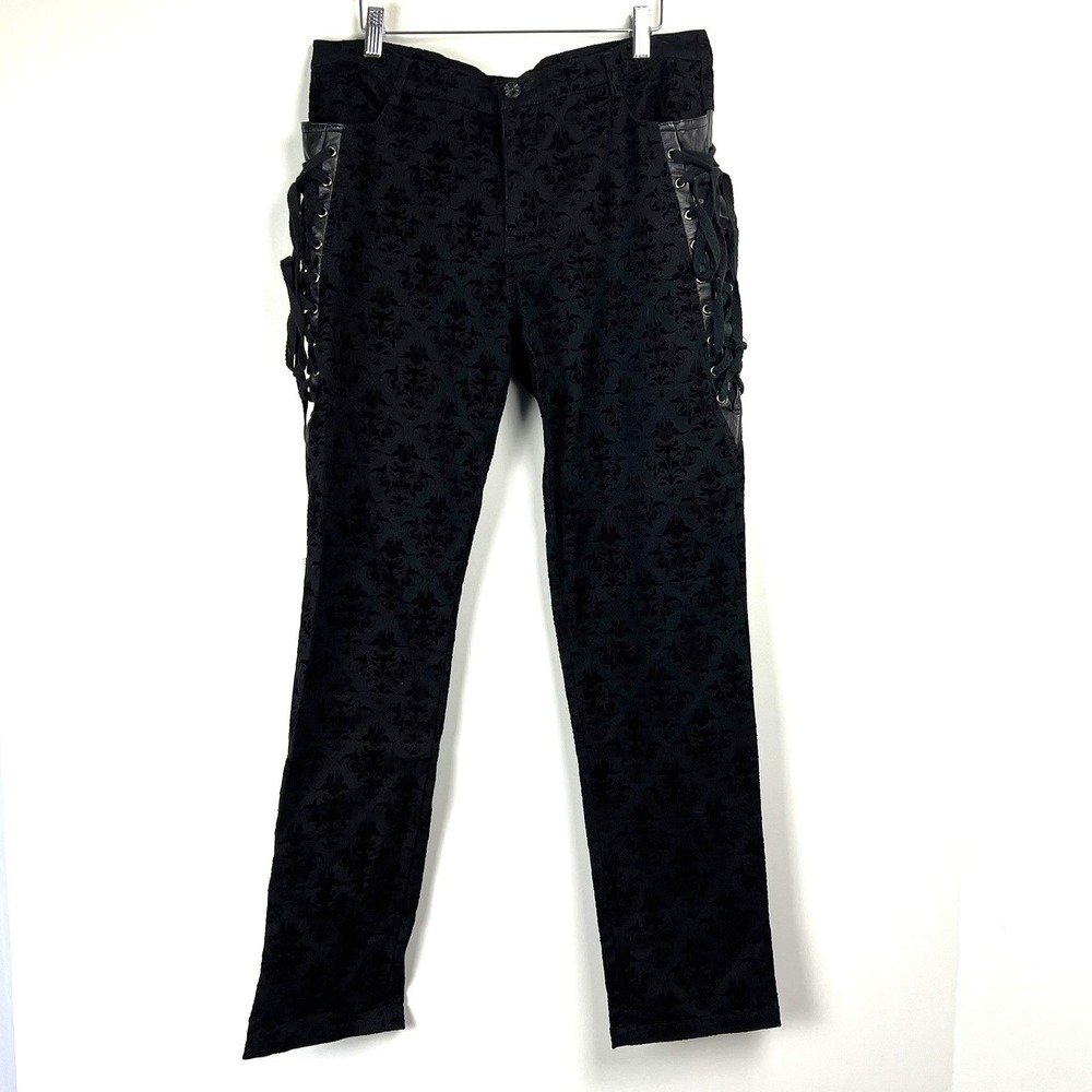 Devil Fashion Black Damask Flocked Gothic Lace Up Pants sz L Victorian Vampire